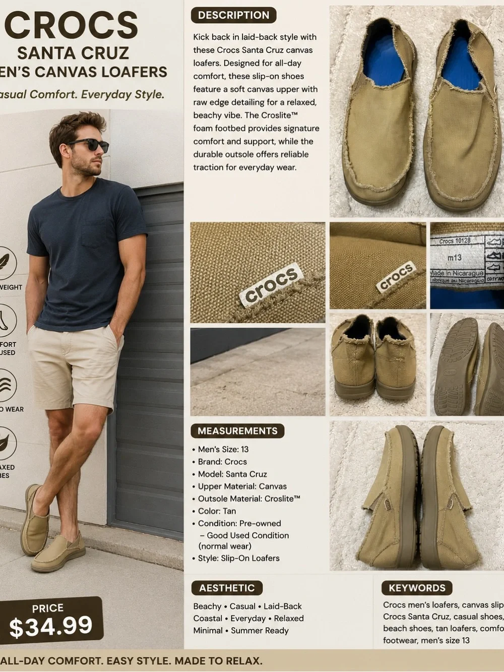 CROCS Men's Frayed-Edge Slip-On Loafers in Tan with Blue Insole